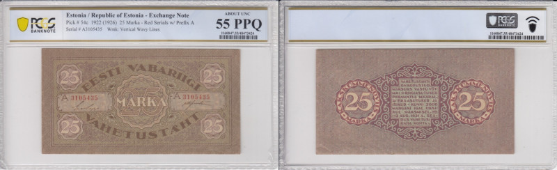 Estonia 25 Marka 1922 (1926) - PCGS 55 PPQ ABOUT UNC
TOP POP. The highest and on...