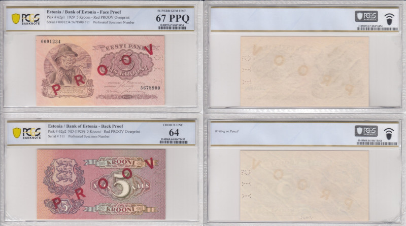 Estonia 5 Krooni 1929 - Two one-sided Specimens (PROOV) - PCGS 67 PPQ SUPERB GEM...