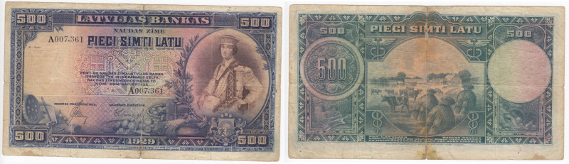 Latvia 500 Latu 1929
F+. Pick 19a.