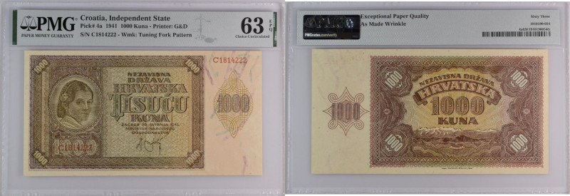 Croatia 1000 Kuna 1941 - PMG 63 EPQ Choice Uncirculated
Pick 4a. Croatia Indepen...