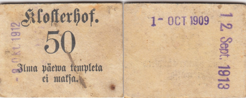 Estonia (Russia), Klosterhof (Kloostri) Mansion 50 local note 1913
Circulated. R...