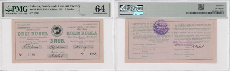 Estonia, Port-Kunda Cement Factory 3 Roubles 1941 - PMG 64 Choice Uncirculated
P...