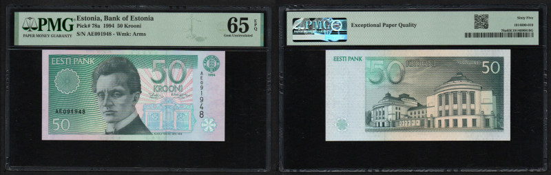 Estonia 50 Krooni 1994 - PMG 65 EPQ Gem Uncirculated
Pick 78a. Wmk: Arms.