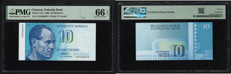 Finland 10 Markkaa 1986 - PMG 66 EPQ Gem Uncirculated
Pick 113a. Wmk: P. Nurmi.