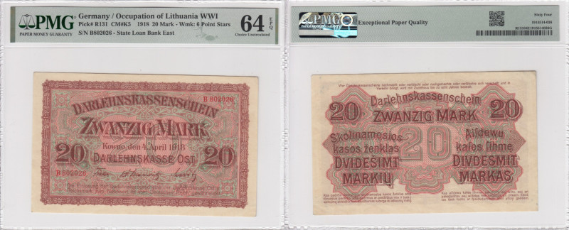 Germany, Kowno (Lithuania / Poland) 20 Mark 1918 - PMG 64 EPQ Choice Uncirculate...