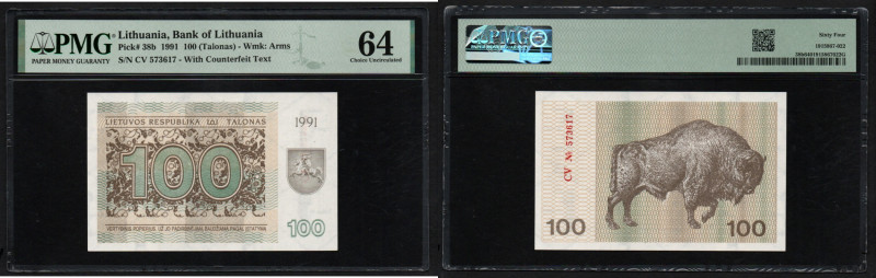 Lithuania 100 Talonas 1991 - PMG 64 Choice Uncirculated
Pick 38b. With Counterfe...