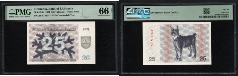 Lithuania 25 Talonas 1991 - PMG 66 EPQ Gem Uncirculated
Pick 36b. With Counterfe...