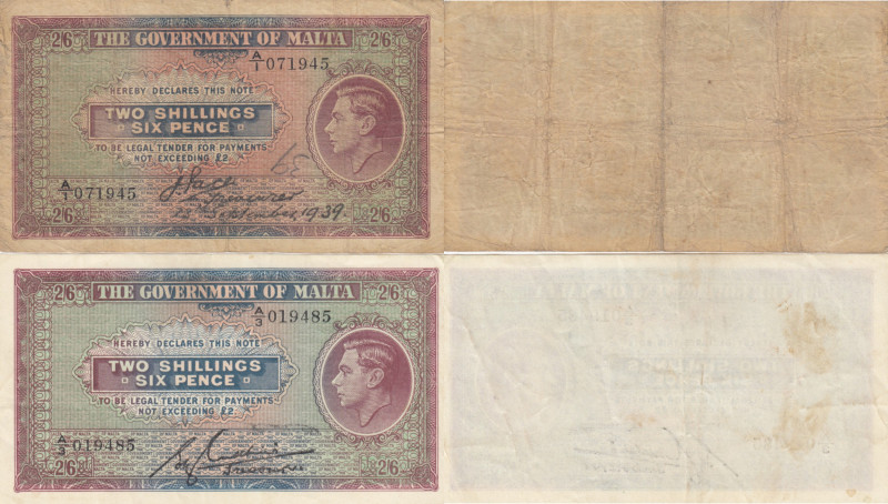 Malta 2 Shillings 6 Pence 1939, 1940 (2)
Various. Pick 11,18.