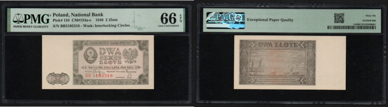 Poland 2 Zlote 1948 - PMG 66 EPQ Gem Uncirculated
Pick 134. Wmk: Interlocking Ci...