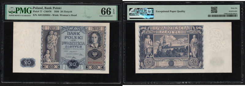 Poland 20 Zlotych 1936 - PMG 66 EPQ Gem Uncirculated
Pick 77. Wmk: Woman's Head.