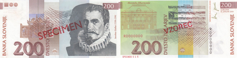 Slovenia 200 Tolarjev 2001 - Specimen
UNC. Pick 15cs.