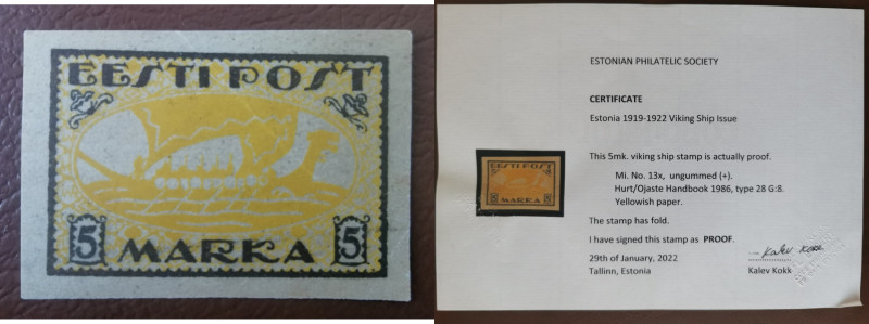 Estonia stamp 5 Marka Viking ship proof
Ref. G:8. Sign. K. Kokk. Certificate K. ...