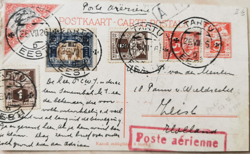 Estonia airmail postcard 1926 to Holland
Rare. Sold as seen, no return.