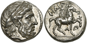 ROYAUME DE MACEDOINE, Philippe II (359-336), AR tétradrachme, 323-316 av. J.-C., Amphipolis. D/ T. l. de Zeus à d. R/ ΦΙΛΙΠ-ΠOY Cavalier au pas à d., ...