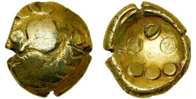 ALLEMAGNE DU SUD, Vallée du Rhin moyen, AV statère, 3e-2e s. av. J.-C. Type Regenbogenschüsselchen. D/ Représentation d'une tête d'oiseau à g. avec de...