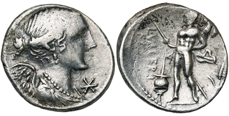 L. Valerius Flaccus, AR denier, 108-107 av. J.-C., Rome. D/ B. dr. de Victoire à...