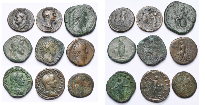 lot de 9 bronzes, dont: Titus, as, R/ Génie (rare); Trajan, dupondius, R/ Victoi...