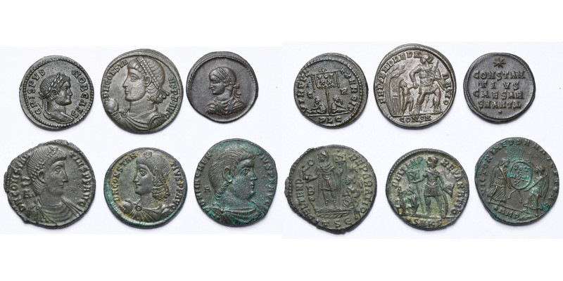 lot de 6 p.: Crispus César, follis, R/ Etendard entre deux captifs; Constant Aug...