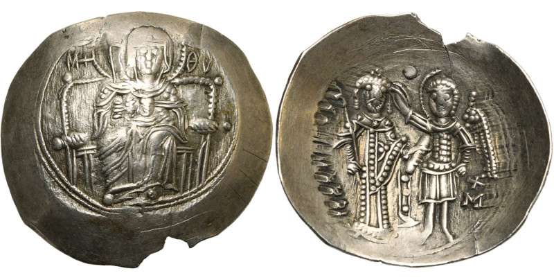 Isaac II Ange (1185-1195), aspron trachy d'électrum, Constantinople. D/ La Vierg...