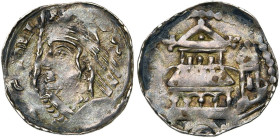 BRABANT, Duché, Godefroid III (1143-1190), AR denier, 1145-1164. D/ GODEF-RI-DVS B. casqué et cuir. à g., ten. un étendard. R/ Bâtiment avec un dôme c...