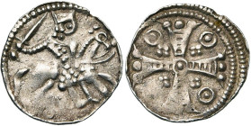 BRABANT, Duché, Henri Ier (1190-1235), AR denier au cavalier, 1211-1235. D/ Le duc galopant à d., ten. l'épée haute. R/ Croix brabançonne cantonnée de...