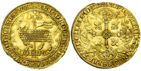 BRABANT, Duché, Jeanne et Wenceslas (1355-1383), AV grand mouton d'or, 1366-1371, Vilvorde. D/ Dans un polylobe, l'agneau de Dieu devant une bannière....