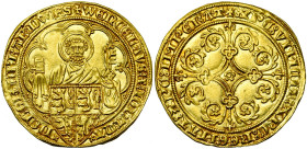 BRABANT, Duché, Jeanne et Wenceslas (1355-1383), AV Pieter d'or, 1375-1381, Louvain. D/ B. de saint Pierre de f., au-dessus de l'écu écartelé de Bohêm...