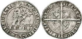 BRABANT, Duché, Antoine de Bourgogne (1406-1415), AR gros Botdrager, s.d. (1409), Vilvorde. D/ Lion assis à g., coiffé d'un heaume. A l'ex., BRABAT. R...