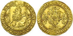 BRABANT, Duché, Philippe le Bon (1430-1467), AV lion d'or, 1454-1460, Malines. D/ Lion assis à g. sous un dais gothique, entre deux briquets. R/ Ecu d...
