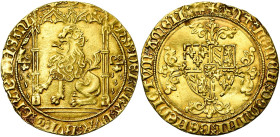 BRABANT, Duché, Philippe le Bon (1430-1467), AV lion d'or, 1454-1460, Malines. D/ Lion assis à g. sous un dais gothique, entre deux briquets. R/ Ecu d...
