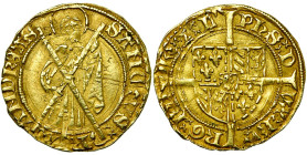 BRABANT, Duché, Philippe le Bon (1430-1467), AV florin d'or de Bourgogne, 1466-1467, Louvain. D/ Saint André deb. de f., ten. sa croix devant lui. R/ ...