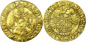BRABANT, Duché, Charles Quint (1506-1555), AV réal d'or, s.d. (1546-1556), Anvers. Ponctuation par points. D/ L'empereur couronné de f., ten. l'épée e...