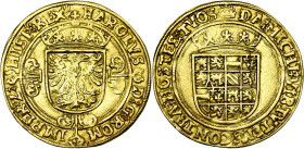 BRABANT, Duché, Charles Quint (1506-1555), AV demi-réal d'or, s.d. (1521-1552), Anvers. Ponctuation par croisettes. D/ Ecu impérial couronné, sur une ...