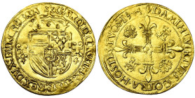 BRABANT, Duché, Charles Quint (1506-1555), AV écu d'or au soleil, 1544, Anvers. D/ Ecu couronné d'Autriche-Bourgogne, accosté de deux briquets. R/ Cro...