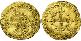 BRABANT, Duché, Charles Quint (1506-1555), AV écu d'or au soleil, 1545, Anvers. D/ Ecu couronné d'Autriche-Bourgogne, accosté de deux briquets. R/ Cro...