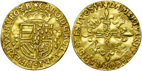 BRABANT, Duché, Charles Quint (1506-1555), AV écu d'or au soleil, 1554, Anvers. D/ Ecu couronné d'Autriche-Bourgogne, accosté de deux briquets. R/ Cro...