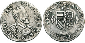 BRABANT, Duché, Charles Quint (1506-1555), AR florin Karolus d'argent, s.d. (1553-1556), Anvers. Deuxième type. D/ B. vieilli de l'empereur à d., la b...