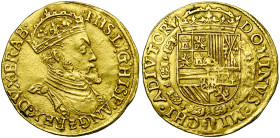 BRABANT, Duché, Philippe II (1555-1598), AV réal d'or, s.d. (1557-1560), Anvers. Au titre de roi d'Angleterre. Légende du droit débutant à 1h. D/ B. c...