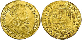 BRABANT, Duché, Philippe II (1555-1598), AV réal d'or, s.d. (1558-1560), Maastricht. Au titre de roi d'Angleterre. D/ B. cuir. et couronné à d. R/ Ecu...