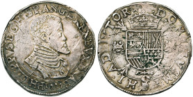 BRABANT, Duché, Philippe II (1555-1598), AR écu Philippe, 1557, Maastricht. Au titre de roi d'Angleterre. D/ B. cuir. à d. PHILIPPVS dans la légende. ...