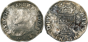 BRABANT, Duché, Philippe II (1555-1598), AR écu Philippe, 1558, Maastricht. Au titre de roi d'Angleterre. D/ B. cuir. à g. PHS· dans la légende. R/ Ec...