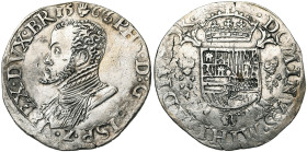 BRABANT, Duché, Philippe II (1555-1598), AR demi-écu Philippe, 1566, Anvers. D/ B. cuir. à g., sous la date. R/ Ecu couronné sur une croix de Bourgogn...