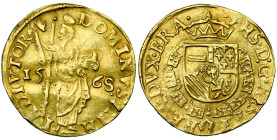 BRABANT, Duché, Philippe II (1555-1598), AV florin d'or de Bourgogne, 1568, Anvers. D/ Saint André deb. de f., t. à g., ten. sa croix et les Evangiles...
