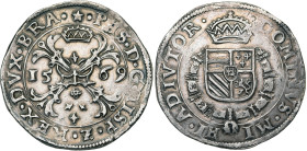 BRABANT, Duché, Philippe II (1555-1598), AR écu de Bourgogne, 1569, Maastricht. D/ Croix de Bourgogne, sous une couronne, chargée d'un briquet, accost...