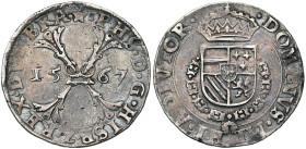 BRABANT, Duché, Philippe II (1555-1598), AR demi-écu de Bourgogne, 1567, Maastricht. D/ Croix de Bourgogne, chargée d'un briquet, accostée de la date....