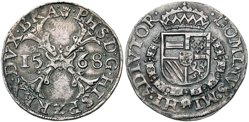 BRABANT, Duché, Philippe II (1555-1598), AR demi-écu de Bourgogne, 1568, Anvers....