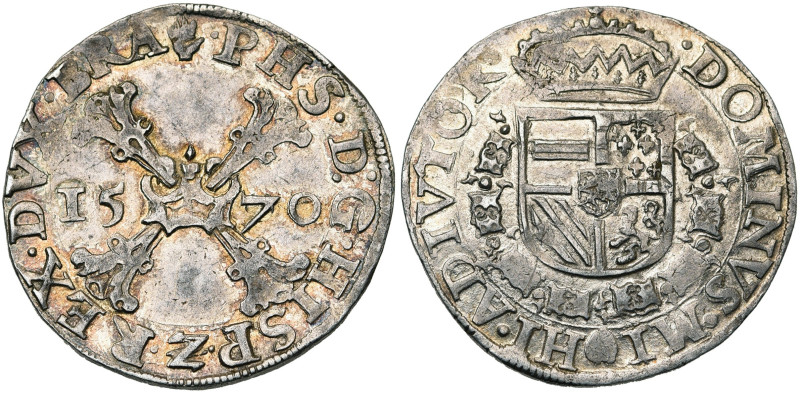 BRABANT, Duché, Philippe II (1555-1598), AR demi-écu de Bourgogne, 1570, Anvers....