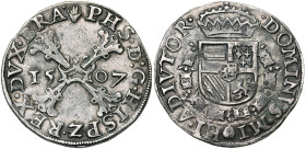 BRABANT, Duché, Philippe II (1555-1598), AR demi-écu de Bourgogne, 1507 (sic, au lieu de 1570), Anvers. D/ Croix de Bourgogne, chargée d'un briquet, a...