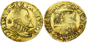 BRABANT, Duché, Philippe II (1555-1598), AV demi-réal d'or, s.d. (1576-1577), Bruxelles. B dans le champ au droit et lis sous le buste. D/ B. cuir. à ...