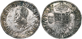 BRABANT, Duché, Philippe II (1555-1598), AR écu Philippe, 1575, Anvers. D/ B. cuir. à g. R/ Ecu couronné sur une croix de Bourgogne, entre deux brique...